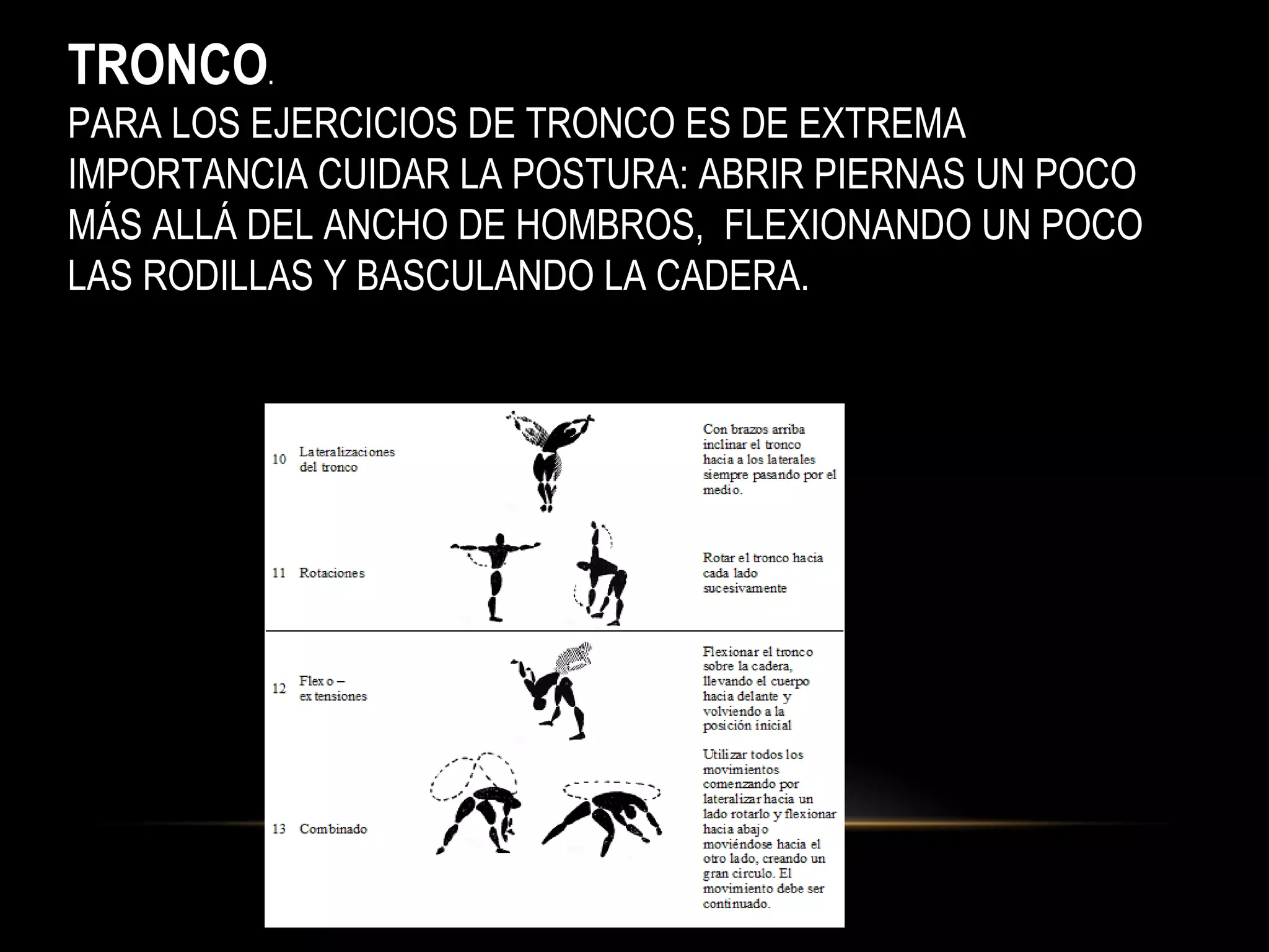 TRONCO.
PARA LOS EJERCICIOS DE TRONCO ES DE EXTREMA
IMPORTANCIA CUIDAR LA POSTURA: ABRIR PIERNAS UN POCO
MÁS ALLÁ DEL ANCHO DE HOMBROS, FLEXIONANDO UN POCO
LAS RODILLAS Y BASCULANDO LA CADERA.
 