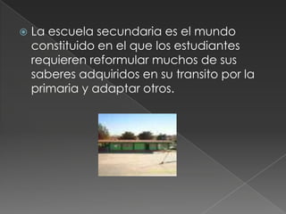 La escuela secundaria es el mundo constituido en el que los estudiantes requieren reformular muchos de sus saberes adquiridos en su transito por la primaria y adaptar otros.