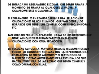 EL DISCURSO DE LA ADOLESCENCIAEL INGRESO  A LA SECUNDARIA  MARCA  A LOS ALUMNOS UN CAMBIO DE SABERES QUE HABIAN ADQUIRIDO A SU PASO POR LA ESCUELA PRIMARIA.EL TENER QUE RESPONDER A ONCE MAESTROS DISTINTOS Y A SUS EXIGENCIAS, ATENDER A DEMANDAS DE LAS QUE NUNCA ANTES  SE HABIAN PREOCUPADO, COMO SU ASPECTO PERSONAL, Y EL ENFRENTARSE A UN DISCURSO NUEVO EN EL QUE POR EL QUE POR CONSIDERARSELES UN SUJETO EN ETAPA DE CONFLICTIVIDAD Y ACAMBIO , SE LE IMPONEN RESTRICCIONES.EN LA ESCUELA EN GENERAL , PERO PARTICULARMENTE EN LA SECUNDARIA, LA NORMA APARECE COMO UN ELEMENTO REGULADOR DE LA TRAMA ORGANIZATIVA Y DE LAS RELACIONES PERSONALES.