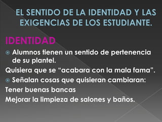 REGLAS PARA REGULAR SU CONDUCTALas exigencias escolares como parte de las reglas.Algunos consideran que deberían ser mas estrictasSe manifiestan en contra de algunas, sobre todo las que tienen que ver con su arreglo personal.    La manera de asumir la norma influye en las relaciones y las valoraciones que se construyen entre los alumnos y sirve para catalogarlos:    Los que las aceptan    Los que se oponen a ellas    Los que las aceptan o no, dependiendo de las circunstancias.   