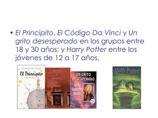El Principito ,  El Código Da Vinci  y  Un grito desesperado  en los grupos entre 18 y 30 años; y  Harry Potter  entre los jóvenes de 12 a 17 años. 