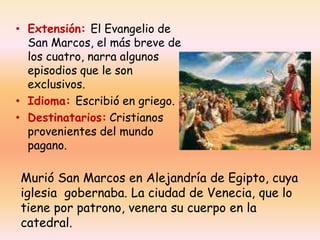 • Extensión: El Evangelio de
San Marcos, el más breve de
los cuatro, narra algunos
episodios que le son
exclusivos.
• Idioma: Escribió en griego.
• Destinatarios: Cristianos
provenientes del mundo
pagano.

Murió San Marcos en Alejandría de Egipto, cuya
iglesia gobernaba. La ciudad de Venecia, que lo
tiene por patrono, venera su cuerpo en la
catedral.

 