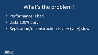 What’s the problem?
• Performance is bad
• Disks 100% busy
• Replication/reconstruction is very (very) slow
2
 