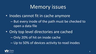 Memory issues
• Inodes cannot fit in cache anymore
– But every inode of the path must be checked to
open a data file
• Onl...