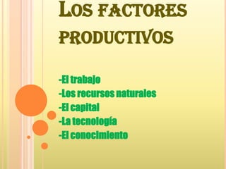 -El trabajo -Los recursos naturales -El capital -La tecnología -El conocimiento Los factores productivos 