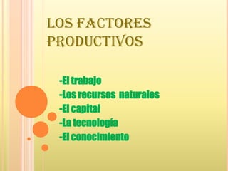 LOS FACTORES PRODUCTIVOS -El trabajo -Los recursos  naturales -El capital -La tecnología -El conocimiento 