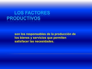       Los factores productivos son los responsables de la producción de los bienes y servicios que permiten satisfacer las necesidades. 