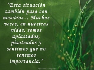 “ Esta situación también pasa con nosotros... Muchas veces, en nuestras vidas, somos aplastados, pisoteados y sentimos que no tenemos importancia.” Ayúdame a compartir 