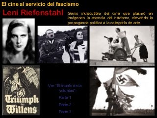 El cine al servicio del fascismo

Leni Riefenstahl

Genio indiscutible del cine que plasmó en
imágenes la esencia del nazismo, elevando la
propaganda política a la categoría de arte.

Ver “El triunfo de la
voluntad”:
Parte 1
Parte 2
Parte 3

 