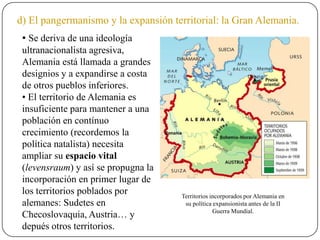 d) El pangermanismo y la expansión territorial: la Gran Alemania.
• Se deriva de una ideología
ultranacionalista agresiva,
Alemania está llamada a grandes
designios y a expandirse a costa
de otros pueblos inferiores.
• El territorio de Alemania es
insuficiente para mantener a una
población en contínuo
crecimiento (recordemos la
política natalista) necesita
ampliar su espacio vital
(levensraum) y así se propugna la
incorporación en primer lugar de
los territorios poblados por
alemanes: Sudetes en
Checoslovaquia, Austria… y
depués otros territorios.
Territorios incorporados por Alemania en
su política expansionista antes de la II
Guerra Mundial.
 