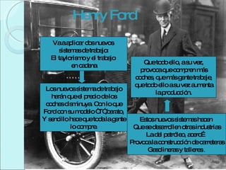Va a aplicar dos nuevos  sistemas de trabajo: El taylorismo y el trabajo  en cadena Los nuevos sistema de trabajo harán que el precio de los coches disminuya. Con lo que Ford con su modelo “T”,barato, Y sencillo hace que toda la gente lo compre. Estos nuevos sistemas hacen  Que se desarrollen otras industrias La del petróleo, acero… Provoca la construcción de carreteras Gasolineras y talleres .. Que todo ello, a su vez, provoca que compren más coches, que más gente trabaje, que todo ello a su vez aumenta la producción. Henry Ford 