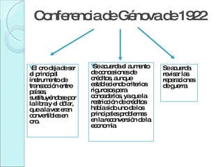 Conferencia de Génova de 1922 El oro deja de ser el principal instrumento de transacción entre países, sustituyéndose por la libra y el dólar, que a la vez eran convertibles en oro. Se acuerda el aumento de concesiones de créditos, aunque estableciendo criterios rigurosos para concederlos, ya que la restricción de créditos había sido uno de los principales problemas en la reconversión de la economía. Se acuerda revisar las reparaciones de guerra. 
