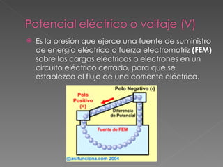 Es la presión que ejerce una fuente de suministro de energía eléctrica o fuerza electromotriz  (FEM)  sobre las cargas eléctricas o electrones en un circuito eléctrico cerrado, para que se establezca el flujo de una corriente eléctrica. 