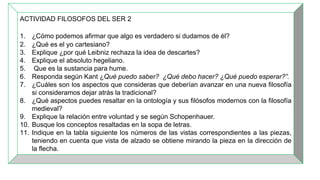 ACTIVIDAD FILOSOFOS DEL SER 2
1. ¿Cómo podemos afirmar que algo es verdadero si dudamos de él?
2. ¿Qué es el yo cartesiano?
3. Explique ¿por qué Leibniz rechaza la idea de descartes?
4. Explique el absoluto hegeliano.
5. Que es la sustancia para hume.
6. Responda según Kant ¿Qué puedo saber? ¿Qué debo hacer? ¿Qué puedo esperar?”.
7. ¿Cuáles son los aspectos que consideras que deberían avanzar en una nueva filosofía
si consideramos dejar atrás la tradicional?
8. ¿Qué aspectos puedes resaltar en la ontología y sus filósofos modernos con la filosofía
medieval?
9. Explique la relación entre voluntad y se según Schopenhauer.
10. Busque los conceptos resaltadas en la sopa de letras.
11. Indique en la tabla siguiente los números de las vistas correspondientes a las piezas,
teniendo en cuenta que vista de alzado se obtiene mirando la pieza en la dirección de
la flecha.
 