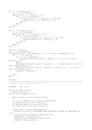 For i = 0 To nummatrices - 1
For j = 0 To numfilas - 1
mayorfilas(i, j) = matriz(i, j, 0)
For k = 0 To numcolumnas - 1
If (mayorfilas(i, j) < matriz(i, j, k)) Then
mayorfilas(i, j) = matriz(i, j, k)
End If
Next k
Next j
Next i
For i = 0 To nummatrices - 1
For k = 0 To numfilas - 1
mayorcolumnas(i, k) = matriz(i, 0, k)
For j = 0 To numcolumnas - 1
If (mayorcolumnas(i, k) < matriz(i, j, k)) Then
mayorcolumnas(i, k) = matriz(i, j, k)
End If
Next j
Next k
Next i
imprimir = numfilas
For i = 0 To nummatrices - 1
Worksheets("hoja1").Cells(imprimir * i + 1, 1).Value = "MATRIZ Nº:" & i
For j = 0 To numfilas - 1
For k = 0 To numcolumnas - 1
Worksheets("hoja1").Cells(i * imprimir + j + 2, k + 1).Value =
matriz(i, j, k)
Next k
Worksheets("hoja1").Cells(i * imprimir + j + 2, numcolumnas + 1).Value =
"M:" & mayorfilas(i, j)
Worksheets("hoja1").Cells(i * imprimir + numfilas + 2, j + 1).Value =
"M:" & mayorcolumnas(i, j)
imprimir = numfilas + 3
Next j
Next i
End Sub
--------------------------------------------------------------------------------
----------------------------------------
PROGRAMA EN JAVA
package javaapplication2;
import java.util.*;
public class JavaApplication2 {
public static void main(String[] args)
{
int i,j, k, nummatrices, numfilas, numcolumnas;
int mayorfilas[][]= new int[10][10];
int mayorcolumnas[][]= new int[10][10];
int matriz[][][]= new int[5][10][10];
Scanner dato = new Scanner(System.in);
System.out.print("ttPROGRAMA PARA ENCONTRAR EL MAYOR DE CADA MATRIZn
n");
System.out.print("Numero de Matrices:t");
nummatrices = dato.nextInt();
System.out.print("Numero de filas:t");
numfilas= dato.nextInt();
 