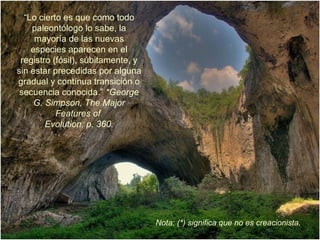 “Lo cierto es que como todo
    paleontólogo lo sabe, la
     mayoría de las nuevas
    especies aparecen en el
 registro (fósil), súbitamente, y
sin estar precedidas por alguna
gradual y contínua transición o
 secuencia conocida.” *George
     G. Simpson, The Major
           Features of
        Evolution, p. 360.




                                    Nota: (*) significa que no es creacionista.
 