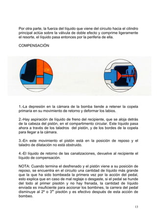 13
Por otra parte, la fuerza del líquido que viene del circuito hacia el cilindro
principal actúa sobre la válvula de doble efecto y comprime ligeramente
el resorte, el líquido pasa entonces por la periferia de ella.
COMPENSACIÓN
1.-La depresión en la cámara de la bomba tiende a retener la copela
primaria en su movimiento de retorno y deformar los labios.
2.-Hay aspiración de líquido de freno del recipiente, que se aloja detrás
de la cabeza del pistón, en el compartimento circular. Este líquido pasa
ahora a través de los taladros del pistón, y de los bordes de la copela
para llegar a la cámara.
3.-En este movimiento el pistón está en la posición de reposo y el
taladro de dilatación no está obstruido.
4.-El líquido de retorno de las canalizaciones, devuelve al recipiente el
líquido de compensación.
NOTA: Cuando termina el desfrenado y el pistón viene a su posición de
reposo, se encuentra en el circuito una cantidad de líquido más grande
que la que ha sido bombeada la primera vez por la acción del pedal,
esto explica que en caso de mal reglaje o desgaste, si el pedal se hunde
del todo al primer pisotón y no hay frenada, la cantidad de líquido
enviada es insuficiente para accionar los bombines, la carrera del pedal
disminuye al 2º o 3er
pisotón y es efectivo después de esta acción de
bombeo.
 