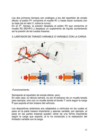 22
Los dos primeros tiempos son análogos a los del repartidor de simple
efecto: el pistón P1 comprime el muelle R1 y hasta hacer contacto con
su tope (es el valor V, sobre la curva).
En el 3er
. tiempo, la presión desplaza el pistón P2 que comprime al
muelle R2 (R2>R1) y desplaza un suplemento de líquido aumentando
así la presión de las ruedas traseras.
3.-LIMITADOR DE TARADO VARIABLE O VARIABLE CON LA CARGA
-Funcionamiento
Semejante al repartidor de simple efecto, pero:
En este caso, la válvula cerrará, no por el esfuerzo de un muelle tarado
para siempre, sino con un muelle donde el tarado T varía según la carga
P que soporta el tren trasero del vehículo.
Los dispositivos anteriores son adaptados a vehículos en los cuales el
peso en la parte trasera importante y apenas variable, por ejemplo, el
peso en las partes traseras pueden variar de una forma importante
según la carga que soporte, el lo ha conducido a la realización del
limitador variable con la carga
 