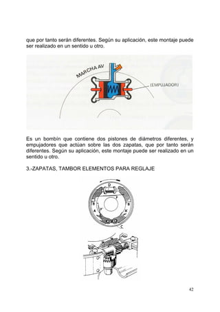 42
que por tanto serán diferentes. Según su aplicación, este montaje puede
ser realizado en un sentido u otro.
Es un bombín que contiene dos pistones de diámetros diferentes, y
empujadores que actúan sobre las dos zapatas, que por tanto serán
diferentes. Según su aplicación, este montaje puede ser realizado en un
sentido u otro.
3.-ZAPATAS, TAMBOR ELEMENTOS PARA REGLAJE
 