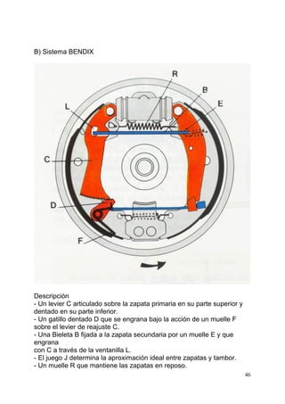 46
B) Sistema BENDIX
Descripción
- Un levier C articulado sobre la zapata primaria en su parte superior y
dentado en su parte inferior.
- Un gatillo dentado D que se engrana bajo la acción de un muelle F
sobre el levier de reajuste C.
- Una Bieleta B fijada a la zapata secundaria por un muelle E y que
engrana
con C a través de la ventanilla L.
- El juego J determina la aproximación ideal entre zapatas y tambor.
- Un muelle R que mantiene las zapatas en reposo.
 
