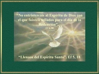“ No entristezcáis al Espíritu de Dios con el que fuisteis sellados para el día de la Redención”.  Ef 4, 30 “ Llenaos del Espíritu Santo”. Ef 5, 18 