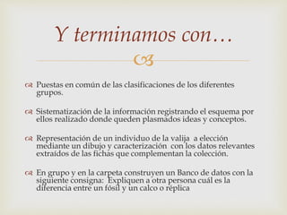 Y terminamos con… 
 
 Puestas en común de las clasificaciones de los diferentes 
grupos. 
 Sistematización de la información registrando el esquema por 
ellos realizado donde queden plasmados ideas y conceptos. 
 Representación de un individuo de la valija a elección 
mediante un dibujo y caracterización con los datos relevantes 
extraídos de las fichas que complementan la colección. 
 En grupo y en la carpeta construyen un Banco de datos con la 
siguiente consigna: Expliquen a otra persona cuál es la 
diferencia entre un fósil y un calco o réplica 
 