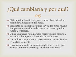 ¿Qué cambiaría y por qué? 
 
 El tiempo fue insuficiente para realizar la actividad tal 
cual fue planificada en dos horas. 
 El registro de la clasificación les llevo a los niños mucho 
tiempo a comparación de la puesta en común que fue 
rápida y fructífera. 
 Utilicé una tercer hora para los registros en la carpeta y 
una cuarta hora para la instancia de evaluación. 
 Los moldes e improntas en yeso debieron ser realizados 
en la clase siguiente. 
 No cambiaría nada de lo planificado pero tendría que 
estimar un tiempo de trabajo mucho más extenso. 
 