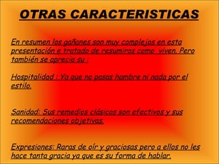 OTRAS CARACTERISTICAS En resumen los gañanes son muy complejos en esta presentación e tratado de resumiros como  viven. Pero también se aprecia su : Hospitalidad : Ya que no pasas hambre ni nada por el estilo. Sanidad: Sus remedios clásicos son efectivos y sus recomendaciones objetivas. Expresiones: Raras de oír y graciosas pero a ellos no les hace tanta gracia ya que es su forma de hablar. 