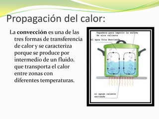 Propagación del calor:La convección es una de las tres formas de transferencia de calor y se caracteriza porque se produce por intermedio de un fluido. que transporta el calor entre zonas con diferentes temperaturas.