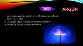 • es el tercer gas más común en la atmósfera de la Tierra.
• 1894 se descubrió
• Del griego argos (αργος), que significa inactivo
• constituye casi el 1% de la atmósfera
 