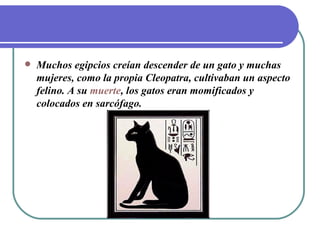    Muchos egipcios creían descender de un gato y muchas
    mujeres, como la propia Cleopatra, cultivaban un aspecto
    felino. A su muerte, los gatos eran momificados y
    colocados en sarcófago.
 