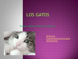 Evelyn Johanna Ramírez Valencia



                     • Definicion
                     • Características de los gatos
                     • alimentación
 