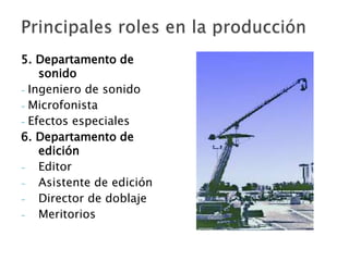 5. Departamento de
sonido
- Ingeniero de sonido
- Microfonista
- Efectos especiales
6. Departamento de
edición
- Editor
- Asistente de edición
- Director de doblaje
- Meritorios
 