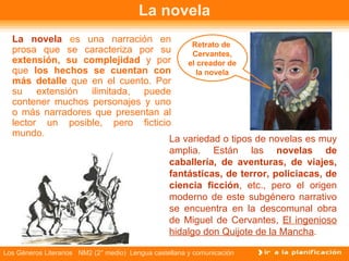 La novela La novela  e s una narración en prosa que se caracteriza por su  extensión, su complejidad  y por que  los hechos se cuentan con más detalle  que en el cuento. Por su extensión ilimitada, puede contener muchos personajes y uno o más narradores que presentan al lector un posible, pero ficticio mundo. La variedad o tipos de novelas es muy amplia. Están las  novelas de caballería, de aventuras, de viajes, fantásticas, de terror, policiacas, de ciencia ficción , etc., pero el origen moderno de este subgénero narrativo se encuentra en la descomunal obra de Miguel de Cervantes,  El ingenioso hidalgo don Quijote de la Mancha .  Retrato de  Cervantes, el creador de la novela 