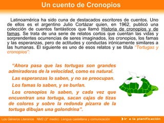 Un cuento de Cronopios  Latinoamérica ha sido cuna de destacados escritores de cuentos. Uno de ellos es el argentino Julio Cortázar quien, en 1962, publicó una colección de cuentos fantásticos que llamó  Historia de cronopios y de famas .  Se trata de una serie de relatos cortos que cuentan las vidas y sorprendentes ocurrencias de seres imaginados, los cronopios, los famas y las esperanzas, pero de actitudes y conductas irónicamente similares a las humanas. El siguiente es uno de esos relatos y se titula  “Tortugas y cronopios”:  “ Ahora pasa que las tortugas son grandes admiradoras de la velocidad, como es natural. Las esperanzas lo saben, y no se preocupan. Los famas lo saben, y se burlan.  Los cronopios lo saben, y cada vez que encuentran una tortuga, sacan cajas de tizas de colores y sobre la redonda pizarra de la tortuga dibujan una golondrina”. 