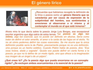 El género lírico ¿Recuerdas que habíamos recogido la definición de la lírica o poesía como un  género literario que se caracteriza por ser cauce de expresión de la subjetividad del hombre, sus sentimientos y emociones al observarse a sí mismo y al contemplar el mundo en el que está inmerso ? Ahora mira lo que decía sobre la poesía Jorge Luis Borges, ese excepcional escritor argentino que algo sabía de estos temas: ¿Qué crees tú? ¿Es la poesía algo que pueda encerrarse en un concepto rígido? ¿Se excluyen ambos acercamientos a lo esencial de la poesía? “ La poesía es algo tan íntimo , algo tan esencial, que no puede ser definido sin diluirse. Sería como tratar de definir el color amarillo, el amor o la caída de las hojas en el otoño. Yo no sé cómo podemos definir las cosas esenciales. Se me ocurre que la única definición posible sería la de Platón, precisamente porque no es una definición, sino porque es un hecho estético. Cuando Platón habla de poesía, dice: “Esa cosa liviana, alada y sagrada”. Quizás eso puede definir en cierta forma a la poesía, ya que no la define de un modo rígido, sino que ofrece a la imaginación esa imagen de un ángel o de un pájaro”. 