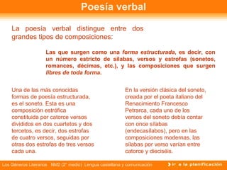 Poesía verbal La poesía verbal distingue entre dos grandes tipos de composiciones: Las que surgen como una  forma estructurada , es decir, con un número estricto de sílabas, versos y estrofas (sonetos, romances, décimas, etc.), y las composiciones que surgen  libres de toda forma . Una de las más conocidas formas de poesía estructurada, es el soneto. Esta es una composición estrófica constituida por catorce versos divididos en dos cuartetos y dos tercetos, es decir, dos estrofas de cuatro versos, seguidas por otras dos estrofas de tres versos cada una.  En la versión clásica del soneto, creada por el poeta italiano del Renacimiento Francesco Petrarca, cada uno de los versos del soneto debía contar con once sílabas (endecasílabos), pero en las composiciones modernas, las sílabas por verso varían entre catorce y dieciséis.  