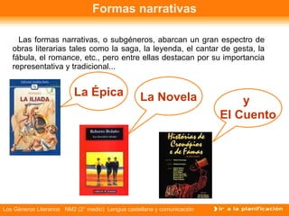 Formas narrativas Las formas narrativas, o subgéneros, abarcan un gran espectro de obras literarias tales como la saga, la leyenda, el cantar de gesta, la fábula, el romance, etc., pero entre ellas destacan por su importancia representativa y tradicional... La Épica La Novela y  El Cuento 