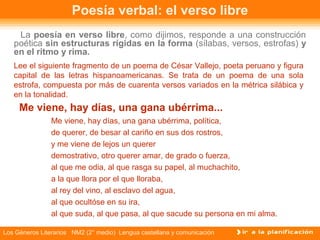 Poesía verbal: el verso libre
    La poesía en verso libre, como dijimos, responde a una construcción
   poética sin estructuras rígidas en la forma (sílabas, versos, estrofas) y
   en el ritmo y rima.
   Lee el siguiente fragmento de un poema de César Vallejo, poeta peruano y figura
   capital de las letras hispanoamericanas. Se trata de un poema de una sola
   estrofa, compuesta por más de cuarenta versos variados en la métrica silábica y
   en la tonalidad.
     Me viene, hay días, una gana ubérrima...
               Me viene, hay días, una gana ubérrima, política,
               de querer, de besar al cariño en sus dos rostros,
               y me viene de lejos un querer
               demostrativo, otro querer amar, de grado o fuerza,
               al que me odia, al que rasga su papel, al muchachito,
               a la que llora por el que lloraba,
               al rey del vino, al esclavo del agua,
               al que ocultóse en su ira,
               al que suda, al que pasa, al que sacude su persona en mi alma.

Los Géneros Literarios NM2 (2° medio) Lengua castellana y comunicación
 