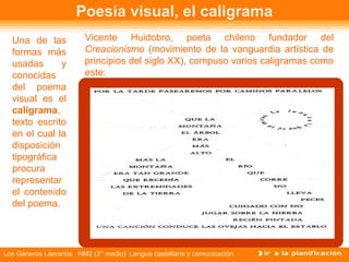 Poesía visual, el caligrama
  Una de las            Vicente Huidobro, poeta chileno fundador del
  formas más            Creacionismo (movimiento de la vanguardia artística de
  usadas      y         principios del siglo XX), compuso varios caligramas como
  conocidas             este:
  del poema
  visual es el
  caligrama,
  texto escrito
  en el cual la
  disposición
  tipográfica
  procura
  representar
  el contenido
  del poema.




Los Géneros Literarios NM2 (2° medio) Lengua castellana y comunicación
 