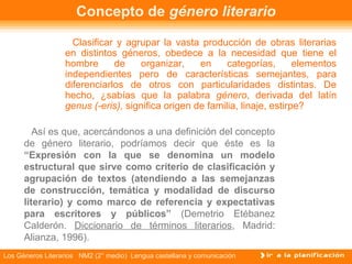 Concepto de género literario

                    Clasificar y agrupar la vasta producción de obras literarias
                  en distintos géneros, obedece a la necesidad que tiene el
                  hombre      de     organizar,    en     categorías,       elementos
                  independientes pero de características semejantes, para
                  diferenciarlos de otros con particularidades distintas. De
                  hecho, ¿sabías que la palabra género, derivada del latín
                  genus (-eris), significa origen de familia, linaje, estirpe?

         Así es que, acercándonos a una definición del concepto
      de género literario, podríamos decir que éste es la
      “Expresión con la que se denomina un modelo
      estructural que sirve como criterio de clasificación y
      agrupación de textos (atendiendo a las semejanzas
      de construcción, temática y modalidad de discurso
      literario) y como marco de referencia y expectativas
      para escritores y públicos” (Demetrio Etébanez
      Calderón. Diccionario de términos literarios, Madrid:
      Alianza, 1996).
Los Géneros Literarios NM2 (2° medio) Lengua castellana y comunicación
 