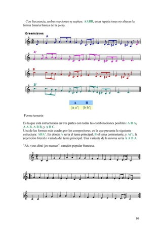 Con frecuencia, ambas secciones se repiten: AABB, estas repeticiones no alteran la
forma binaria básica de la pieza.
A B
|a a'| |b b'|
Forma ternaria
Es la que está estructurada en tres partes con todas las combinaciones posibles: A B A,
A A B, A B B, y A B C.
Una de las formas más usadas por los compositores, es la que presenta la siguiente
estructura: ABA’. En donde A sería el tema principal, B el tema contrastante, y A(’), la
repetición literal o variada del tema principal. Una variante de la misma sería A A B A.
"Ah, vous dirai-jes maman", canción popular francesa.
10
 