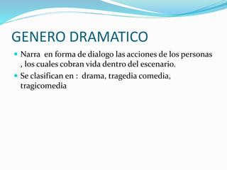 GENERO DRAMATICO
 Narra en forma de dialogo las acciones de los personas
, los cuales cobran vida dentro del escenario.
 Se clasifican en : drama, tragedia comedia,
tragicomedia
 