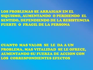 LOS PROBLEMAS SE ARRAIGAN EN EL
SIQUISMO, AUMENTANDO O PERDIENDO EL
SENTIDO, DEPENDIENDO DE LA RESISTENCIA
FUERTE O FRAGIL DE LA PERSONA




CUANTO MAS VALOR SE LE DA A UN
PROBLEMA, MAS VITALIDAD SE LE OFRECE,
AUMENTANDO SU FUERZA DE ACCION CON
LOS CORRESPONDIENTES EFECTOS
 