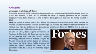 AMAZON
La riqueza y el salario de Jeff Bezos:
A partir de agosto de 2019, tanto Bloomberg como Forbes estimaron el patrimo...