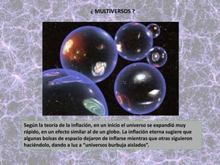 ¿ MULTIVERSOS ?
Según la teoría de la inflación, en un inicio el universo se expandió muy
rápido, en un efecto similar al de un globo. La inflación eterna sugiere que
algunas bolsas de espacio dejaron de inflarse mientras que otras siguieron
haciéndolo, dando a luz a “universos burbuja aislados”.
 