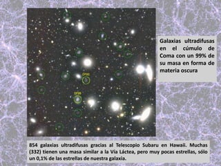 Galaxias ultradifusas
en el cúmulo de
Coma con un 99% de
su masa en forma de
materia oscura
854 galaxias ultradifusas gracias al Telescopio Subaru en Hawaii. Muchas
(332) tienen una masa similar a la Vía Láctea, pero muy pocas estrellas, sólo
un 0,1% de las estrellas de nuestra galaxia.
 