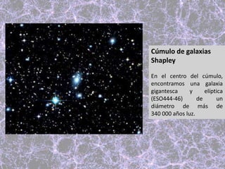 Cúmulo de galaxias
Shapley
En el centro del cúmulo,
encontramos una galaxia
gigantesca y elíptica
(ESO444-46) de un
diámetro de más de
340 000 años luz.
 