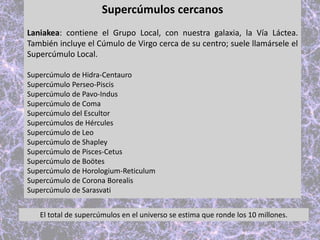 Supercúmulos cercanos
Laniakea: contiene el Grupo Local, con nuestra galaxia, la Vía Láctea.
También incluye el Cúmulo de Virgo cerca de su centro; suele llamársele el
Supercúmulo Local.
Supercúmulo de Hidra-Centauro
Supercúmulo Perseo-Piscis
Supercúmulo de Pavo-Indus
Supercúmulo de Coma
Supercúmulo del Escultor
Supercúmulos de Hércules
Supercúmulo de Leo
Supercúmulo de Shapley
Supercúmulo de Pisces-Cetus
Supercúmulo de Boötes
Supercúmulo de Horologium-Reticulum
Supercúmulo de Corona Borealis
Supercúmulo de Sarasvati
El total de supercúmulos en el universo se estima que ronde los 10 millones.
 