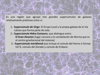 Es una región que agrupa tres grandes supercúmulos de galaxias
relativamente próximos entre sí:
1.- Supercúmulo de Virgo: El Grupo Local y la propia galaxia de la Vía
Láctea que forma parte de este.
2.- Supercúmulo Hidra-Centauro, que distingue entre:
El Gran Atractor (lugar cercano a la constelación de Norma que es
el centro gravitacional del sistema)
3.- Supercúmulo meridional que incluye el cúmulo del Horno o Fornax
S373, cúmulo del Dorado y cúmulo de Eridano.
 
